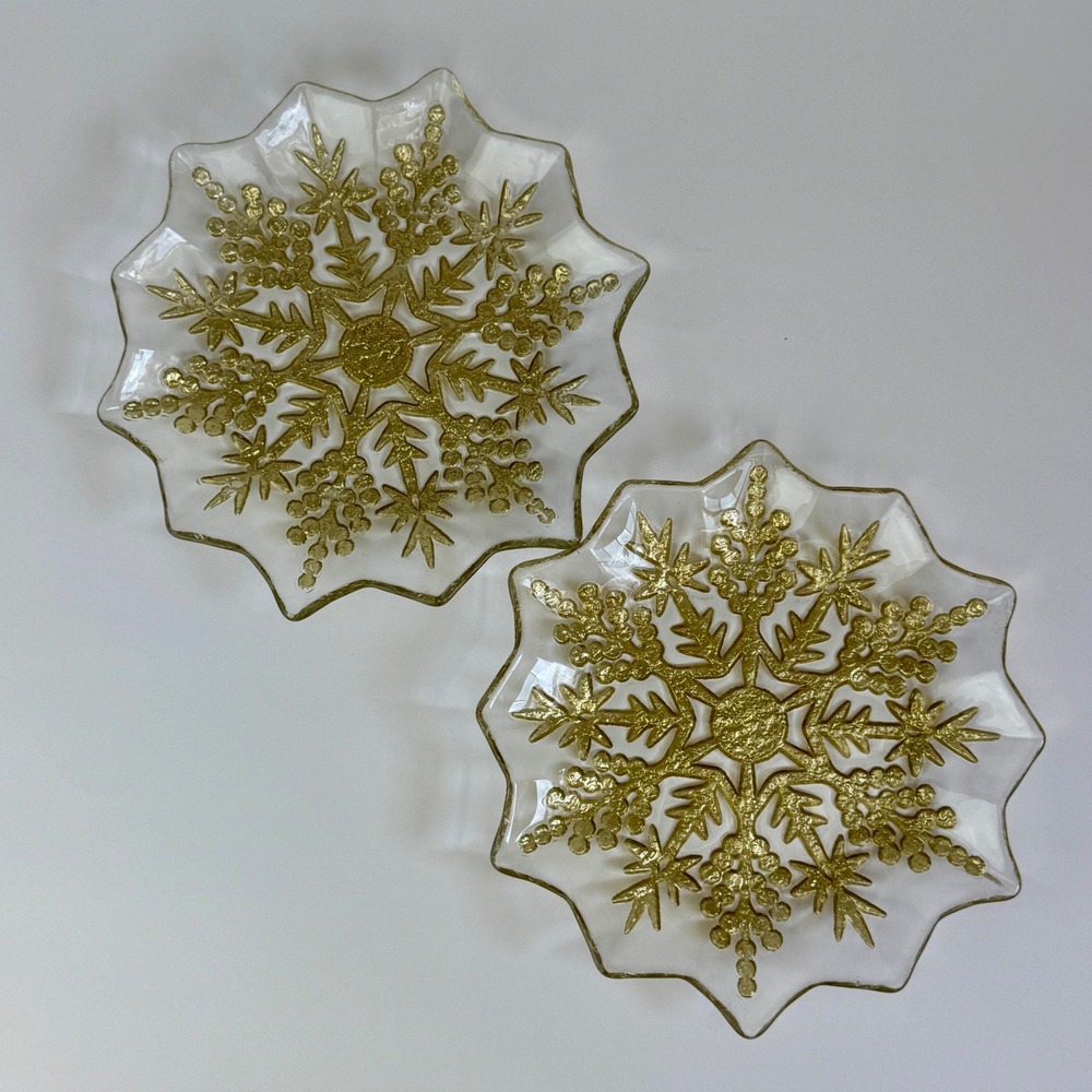 Arda Cam Turkish Glass Snowflake Plates Set 2 Gold Winter Holiday Tablescape 8in